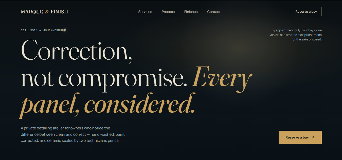 Marque Finish — premium automotive detailing designed and built by Vortex Digital