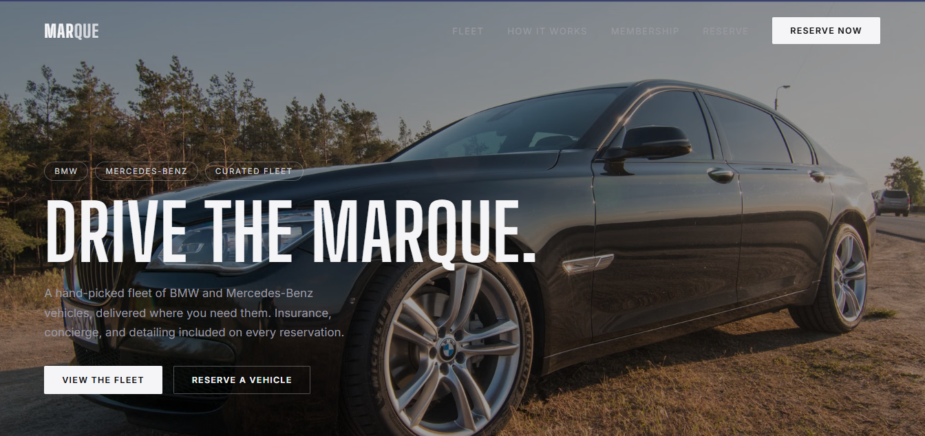 Marque Rentals — luxury vehicle rental platform designed and built by Vortex Digital